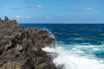Fototapeta na wymiar Saint Vincent and the Grenadines, Owia salt ponds ocean view with sea weed