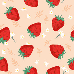Vector seamless pattern with strawberries, leaves and flowers. Graphic stylized drawing.