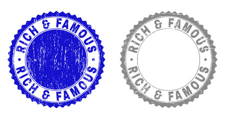 Obraz premium Grunge RICH & FAMOUS stamp seals isolated on a white background. Rosette seals with grunge texture in blue and gray colors. Vector rubber stamp imitation of RICH & FAMOUS title inside round rosette.