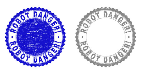 Obraz premium Grunge ROBOT DANGER! stamp seals isolated on a white background. Rosette seals with grunge texture in blue and gray colors. Vector rubber stamp imprint of ROBOT DANGER! caption inside round rosette.