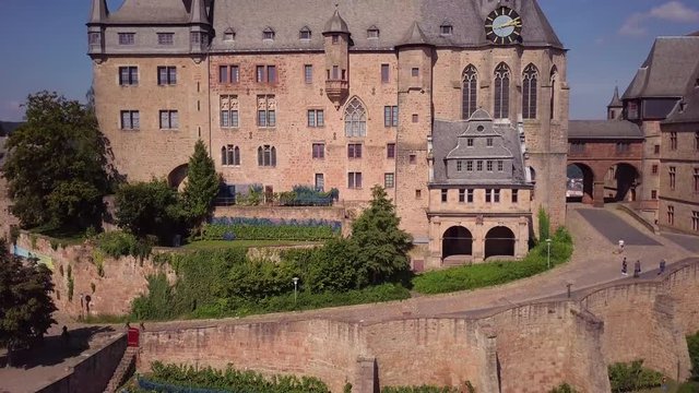 Aerial View Marburg Medieval Castle Germany on a Hill Camera Turning Around Town Behind Wide Shot
