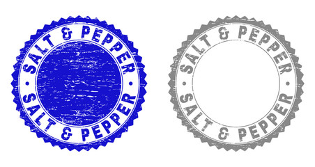 Grunge SALT & PEPPER stamp seals isolated on a white background. Rosette seals with grunge texture in blue and grey colors. Vector rubber watermark of SALT & PEPPER label inside round rosette.