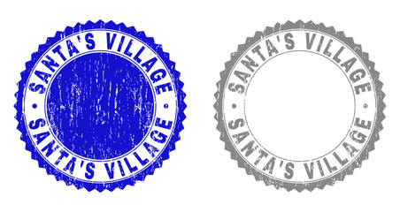Grunge SANTA'S VILLAGE stamp seals isolated on a white background. Rosette seals with distress texture in blue and gray colors.