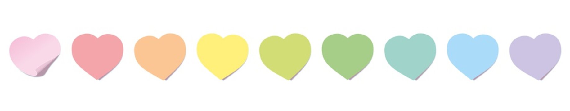 Sticky notes, heart shaped, rainbow colored line. Isolated vector illustration on white background.