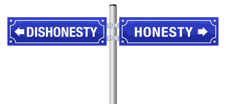 HONESTY and DISHONESTY, written on two blue signposts - symbol for sincerity, truthfulness, frankness, and for deception, hypocrisy, insincerity, mendacity - isolated vector over white.