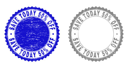Grunge SAVE TODAY 50% OFF stamp seals isolated on a white background. Rosette seals with grunge texture in blue and grey colors.