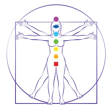 Chakras of female body. Vitruvian woman with seven main chakra symbols. Isolated vector illustration on white background.
