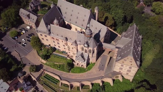 Aerial View Marburg Medieval Castle Germany on a Hill Camera Turning Around Town Behind Wide Shot