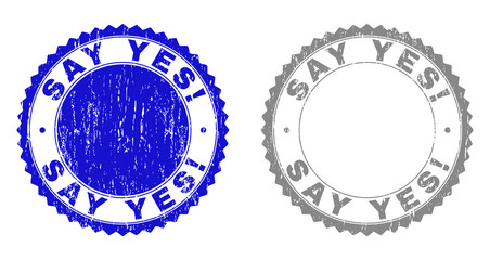 Grunge SAY YES! stamp seals isolated on a white background. Rosette seals with grunge texture in blue and gray colors. Vector rubber stamp imprint of SAY YES! text inside round rosette.