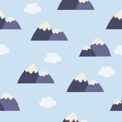 Blue mountains seamless pattern. Vector background for hiking and outdoor concept. Mountains ridges in cartoon style. Seamless background. Perfect for fabric, kid room decoration