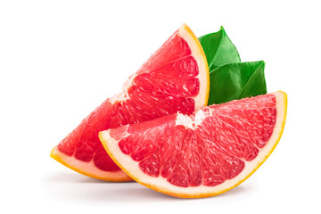 Grapefruit slices with leaves isolated on white background