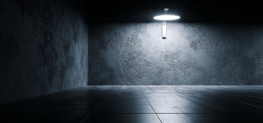 Sci Fi Futuristic Bright Dark Empty Studio Podium Showroom Reflective Grunge Concrete Glowing Elegant Room Tunnel Empty Space Background 3D Rendering