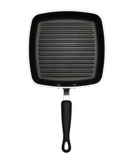 BLACK NON STICK FRYING PAN ISOLATED ON WHITE BACKGROUND