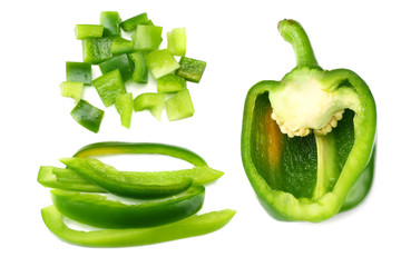 green sweet bell pepper with slices isolated on white background top view