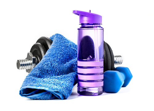 fitness dumbbells and water isolated