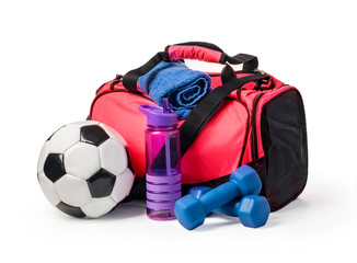 Sports bag with sports equipment isolated