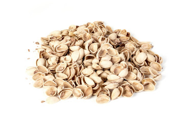 Handful of pistachios husk. Isolated