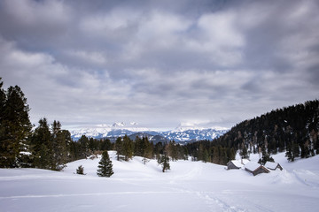 Winter panoramic view from Hohentauern to mountains Reichenstein, Hochtor, Ödstein