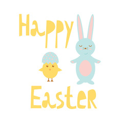 Obraz na płótnie Canvas Happy Easter greeting card template with bunny and chick, design vector illustration in flat style.
