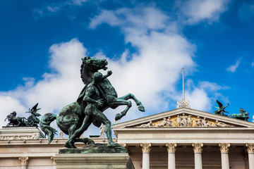 The historical Austrian Parliament Building completed in 1883 and located on the Ringstrabe boulevard in the first district of Vienna