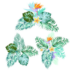 Tropical summer bouquet with palm leaves and exotic flowers. Vector illustration.