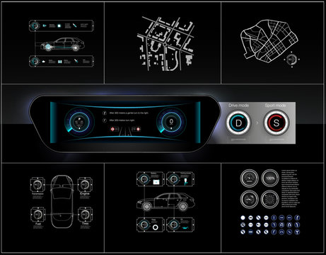 Template-sample car dashboard and the principle of switching modes selector automatic transmission. Black style. The style of the future. Vector image.