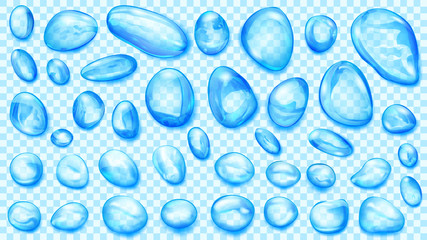 Set of light blue translucent water drops of different shapes, isolated on transparent background. Transparency only in vector format