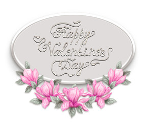 Valentine card with hand drawn painting watercolor pencils and paints pink magnolia flowers. Holiday frame with text.