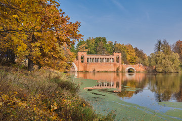 Fototapeta na wymiar Autumn landscape with a pond and an old bridge in the Gothic style. Manor Marfino in the Moscow region