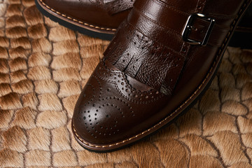 Close-up of elegant mens brown shoes. Men's fashion shoes