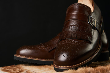 Close-up of elegant mens brown shoes. Men's fashion shoes