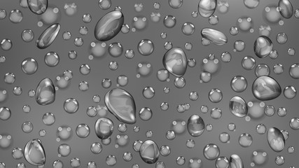 Background of water drops and bubbles of different shapes in gray colors