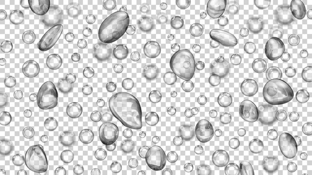 Translucent water drops and bubbles of different shapes in gray colors on transparent background. Transparency only in vector format