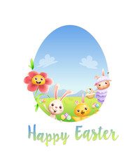 Easter friends lamb bunny chicken and flower peeking behind egg shape hole - greeting card
