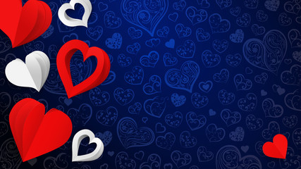 Background with paper volume hearts, white and red on blue