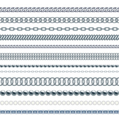 Set of silver metal chains and ropes isolated on white. Seamless brushes for design. Vector