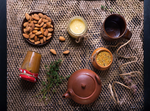 tea time with honey and mindal. studio shot