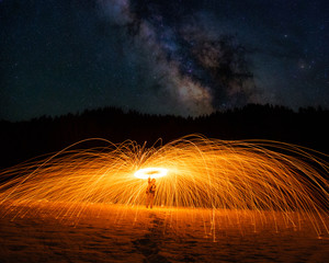 Long exposure photography with steel wool and milky way.