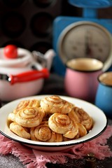 Delicious homemade puff pastry cookies with sugar and cinnamon.