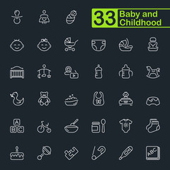 Baby and childhood line icons. Baby toys, care and feeding.