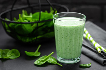 Spinach smoothie. Healthy vegan detox eating. Tasty breakfast beverage