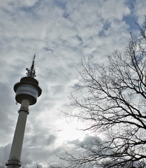 Obraz premium Bremerhaven tv tower and a tree with the sky with clouds as a background