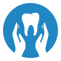 Hands hold tooth. Dental care concept