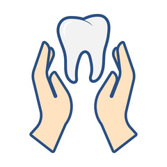 Obraz premium Hands hold tooth. Dental care concept