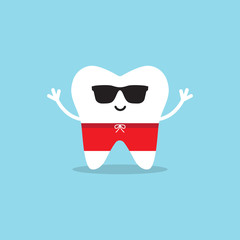 Happy healthy tooth in sunglasses and swimming trunks.