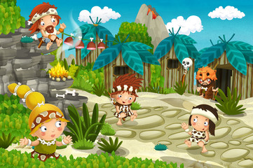 cartoon caveman village scene with volcano in the background - stone age - illustration for children