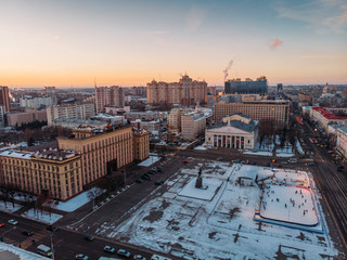 Aerial view Voronezh city midtown, Lenin Square, Building of Government of Voronezh and theatre in winter sunset