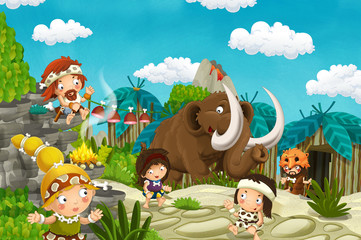 cartoon caveman village scene with mammoth and volcano in the background - stone age - illustration for children