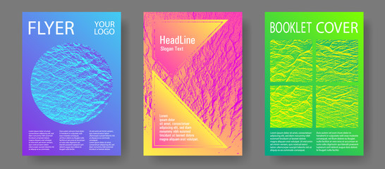 Brochure layout design templates. Pink blue green rainbow waves textures. Fluid buzzing wavy noise ripple texture. Business brochure vector cover layouts set. Tect newsletter cover templates.