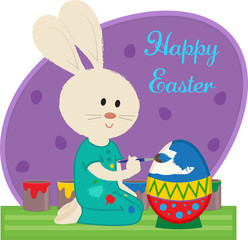 Happy Easter sign of a bunny painting an Easter egg. Eps10